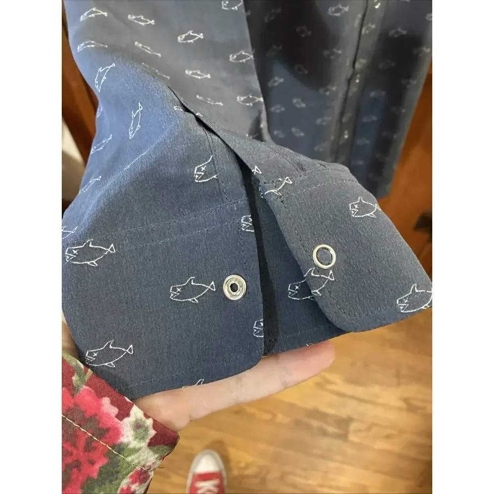 Adriano Goldschmied‎ Alena Silk Shirt Women's Sz L Navy Snap Fish Shark Print - Picture 8 of 11